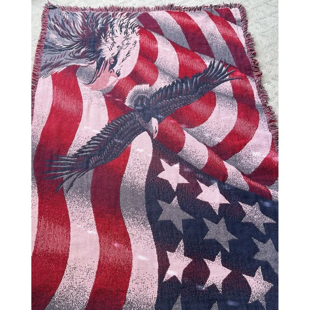 Vintage Tapestry Throw Blanket Goodwin Weavers USA Patriotic Eagle American Flag